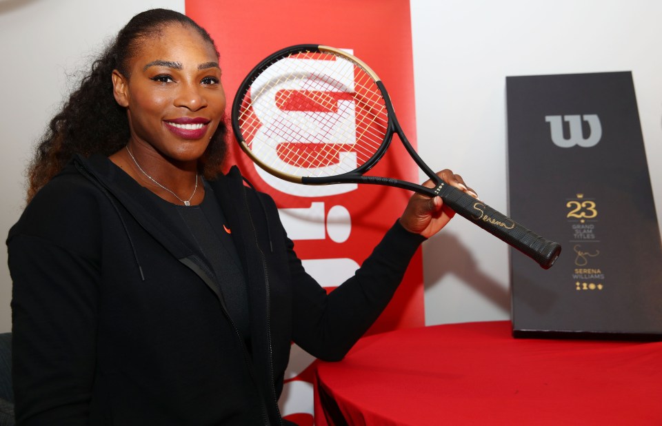 Serena Williams holding a tennis racket commemorating her 23 Grand Slam titles.