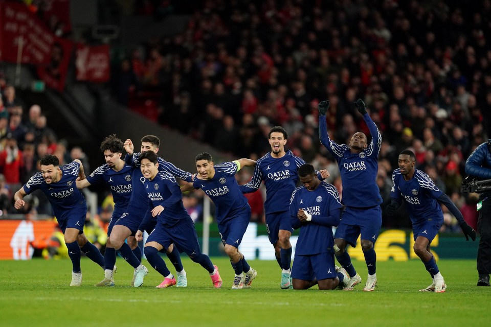 Paris Saint-Germain players celebrating a penalty shootout win.