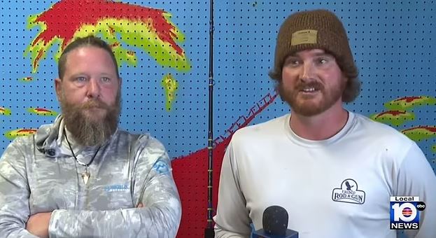 Two fishermen recounting their experience wrestling a great white shark.