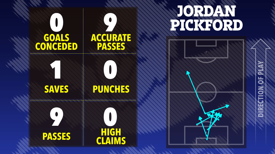 Illustration of Jordan Pickford's game statistics: 0 goals conceded, 9 accurate passes, 1 save, 0 punches, 9 passes, 0 high claims.  A football pitch diagram shows his passes.