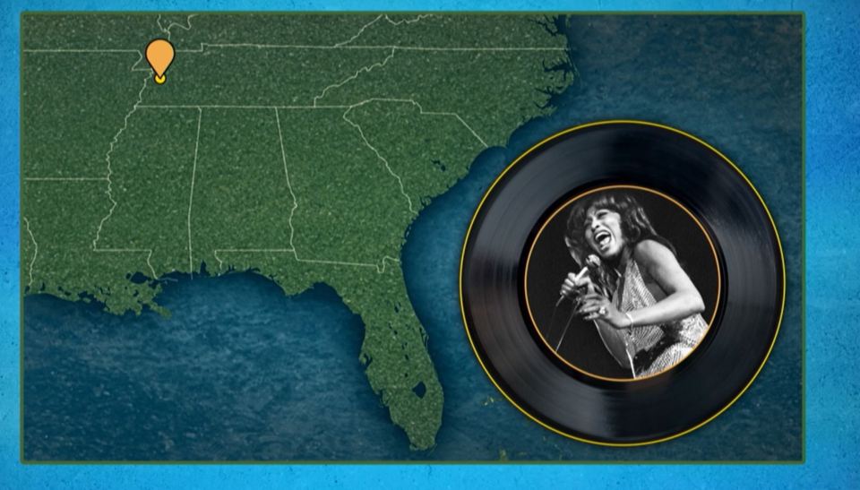 Illustration of Tina Turner on a vinyl record with a map of the southeastern United States.