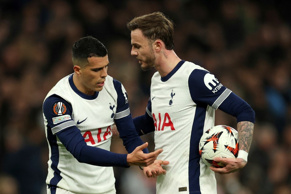 Tottenham's Pedro Porro and James Maddison discussing a free kick.