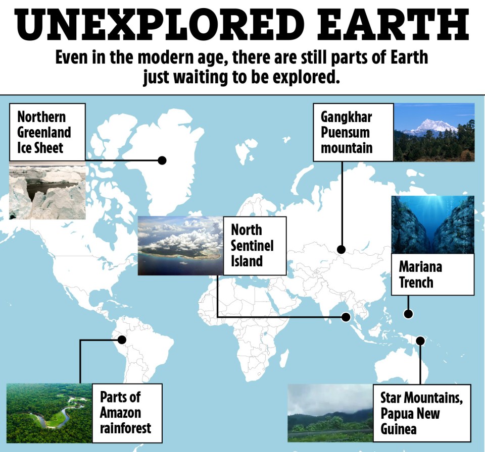 Illustration of a world map highlighting unexplored locations, including the Northern Greenland Ice Sheet, Gangkhar Puensum mountain, North Sentinel Island, Mariana Trench, parts of the Amazon rainforest, and the Star Mountains in Papua New Guinea.