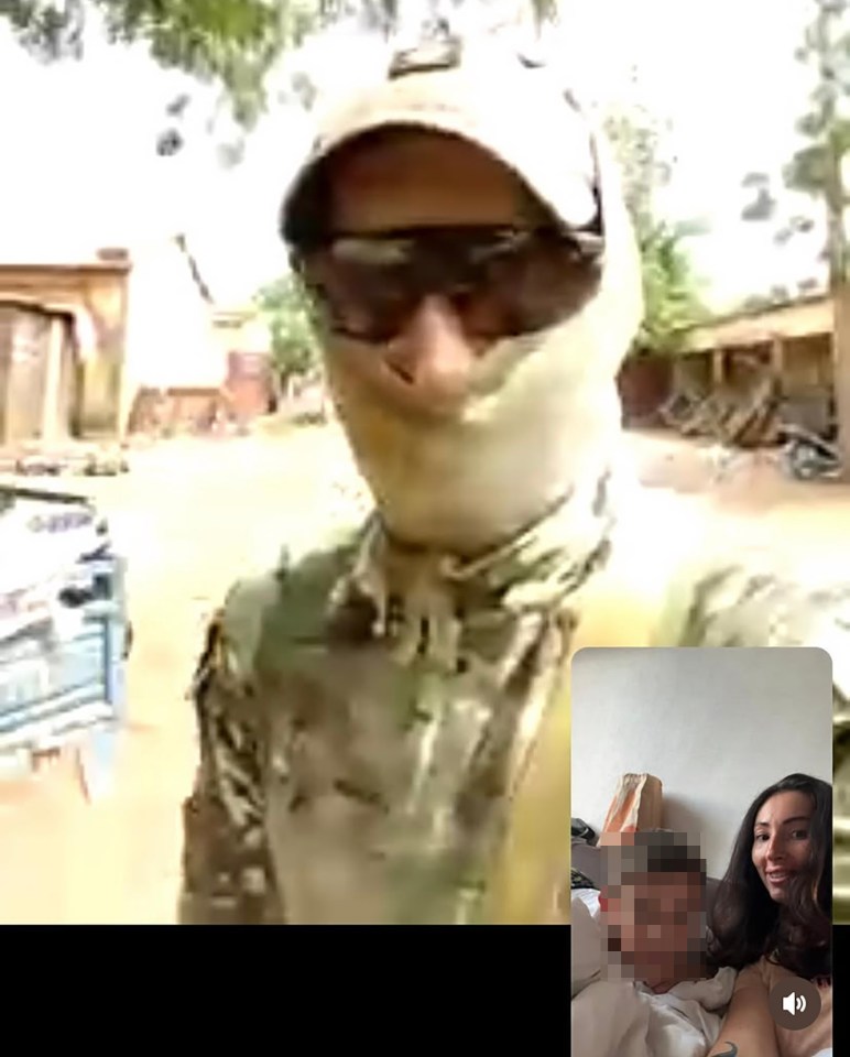 A split image showing a man in camouflage and a woman with a blurred man.