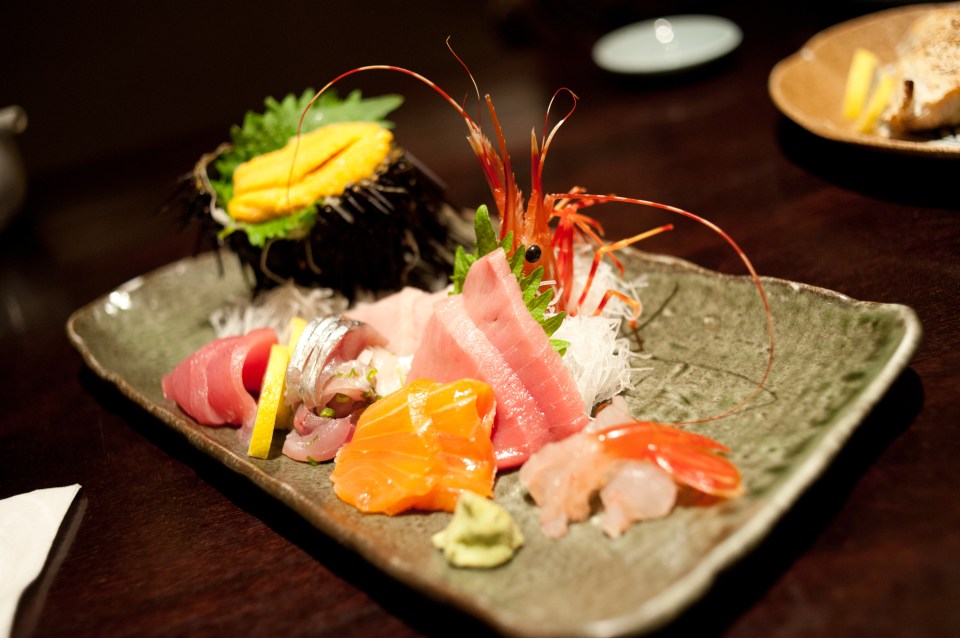 Assortment of sashimi on a plate.