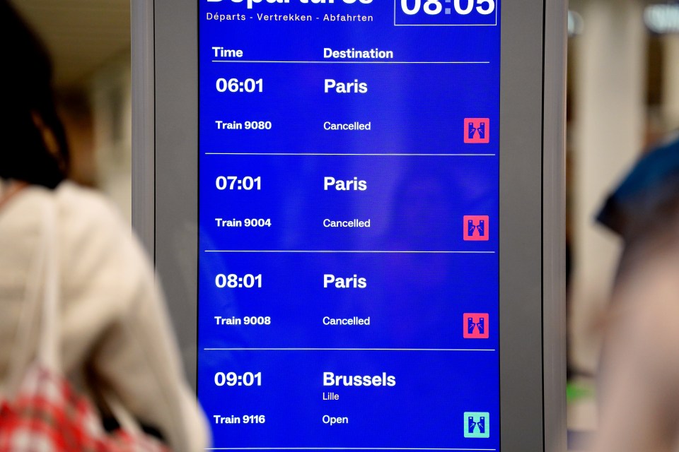 St Pancras International departures board showing cancelled Eurostar trains to Paris.