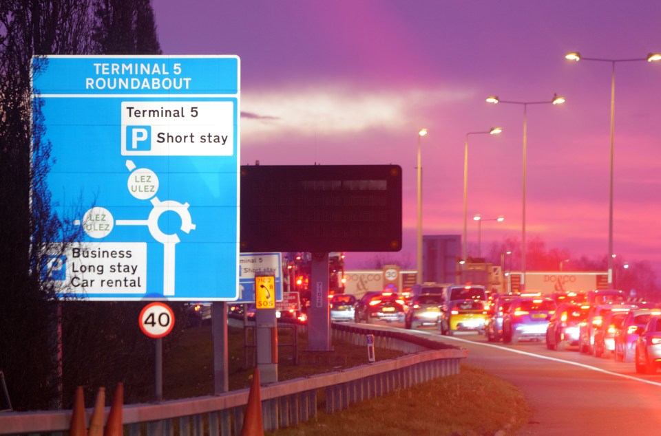 Heathrow Airport traffic jam at Terminal 5 roundabout.