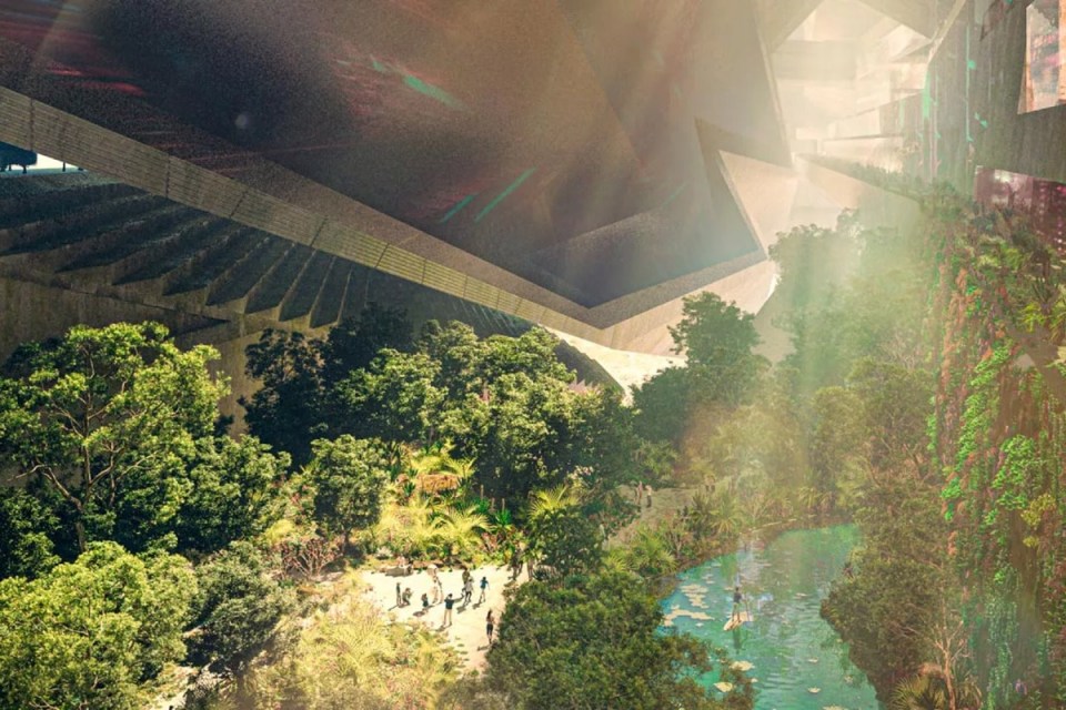 Illustration of The Line, a futuristic city with lush greenery and a central waterway.