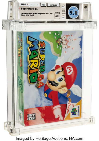 Sealed Super Mario 64 N64 game in a WATA 9.8 case.