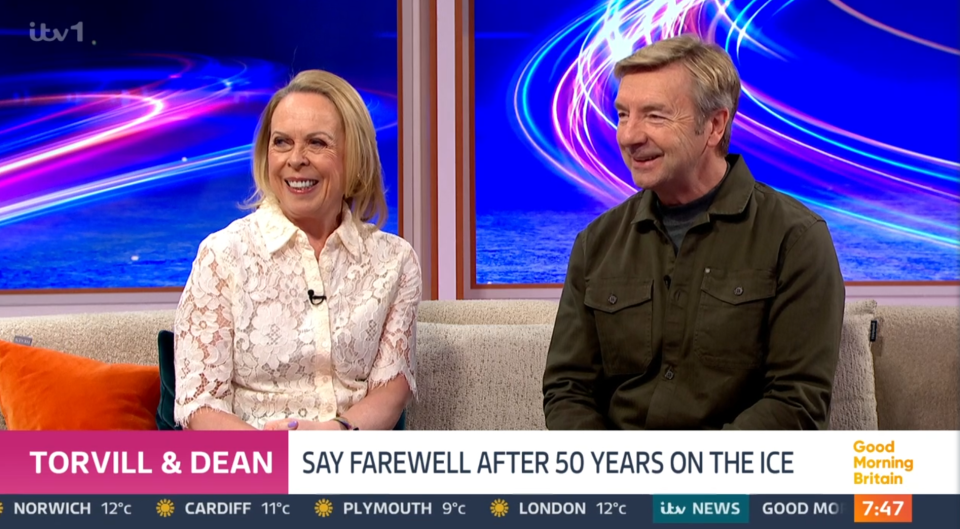 Torvill and Dean on Good Morning Britain, announcing their retirement after 50 years of ice skating.