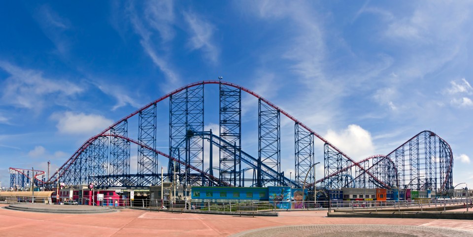 Wide angle view of the Blackpool Pleasure Beach rollercoaster.