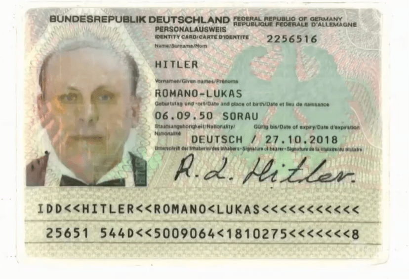German identity card of Romano Lukas Hitler.
