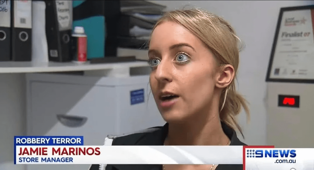 Jamie Marinos, store manager, interviewed on television about a robbery.