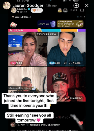 TikTok video collage of Lauren Goodger thanking viewers for joining her live stream.