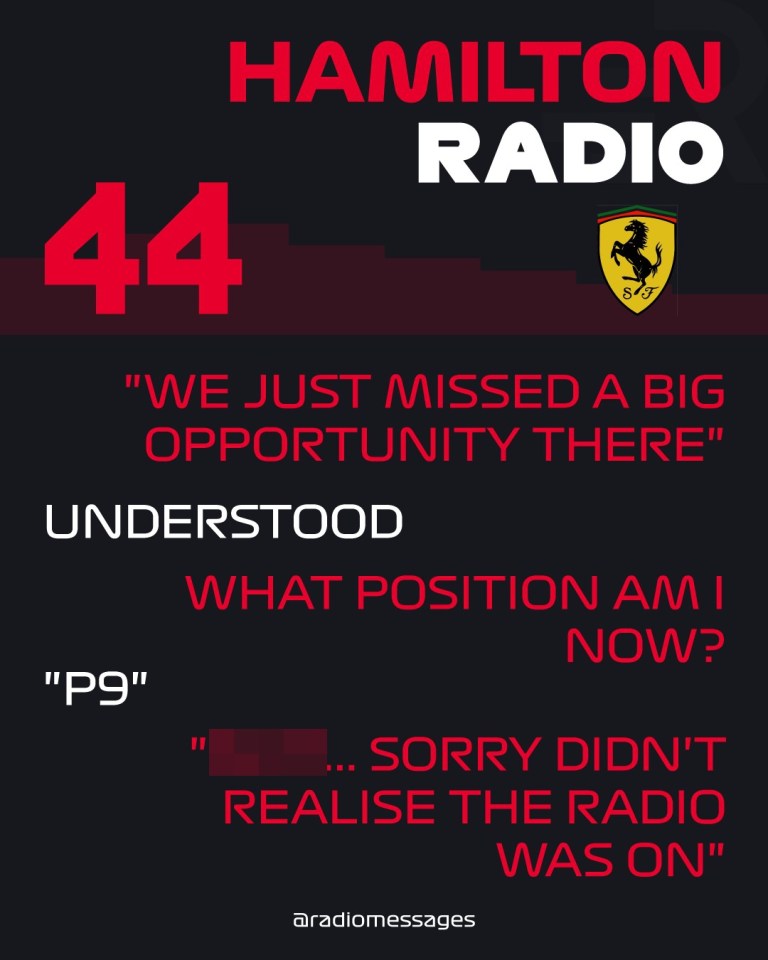 Lewis Hamilton's team radio message: "We just missed a big opportunity there," "Understood," "What position am I now?", "P9," "...sorry didn't realise the radio was on."