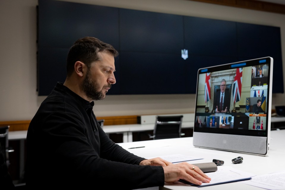 Volodymyr Zelenskyy participating in a video conference with European leaders.