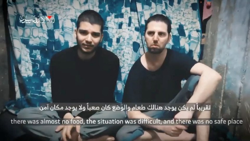 Screengrab of two Israeli hostages speaking to the camera.