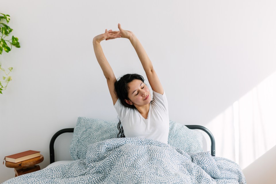 Young woman stretching in bed.
