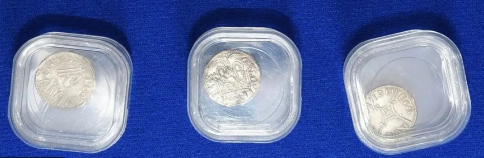 Three Anglo-Saxon coins in protective cases.