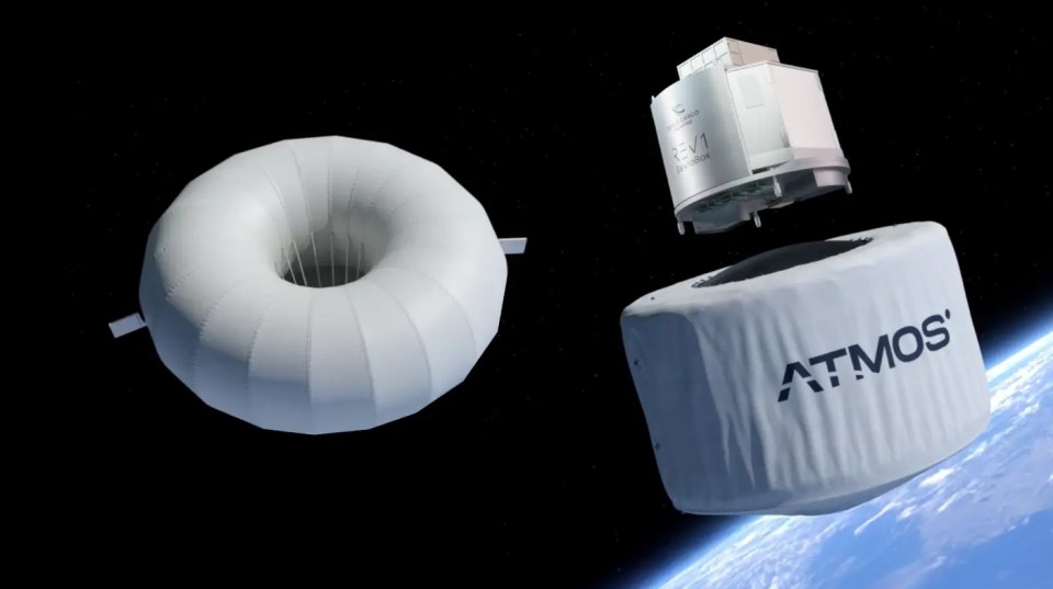 Illustration of Atmos Space Cargo's Phoenix reentry vehicle and inflatable heat shield.