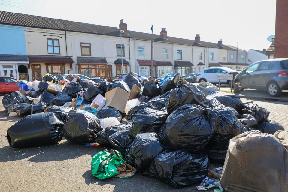 Pile of garbage bags on a residential street.