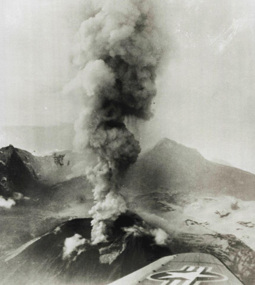 Aerial view of Mount Spurr erupting.
