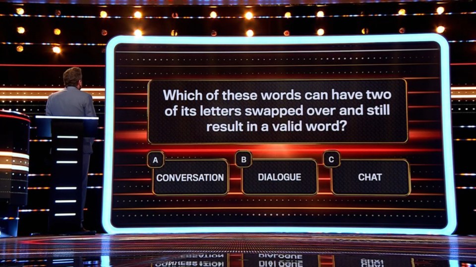"The 1% Club" game show question: Which word allows two letters to be swapped to create another valid word?  Options: Conversation, Dialogue, Chat.