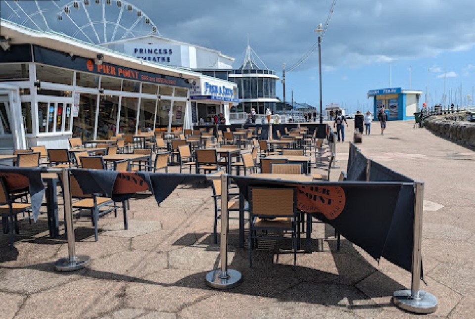 Pier Point Bar & Restaurant patio with tables and chairs.