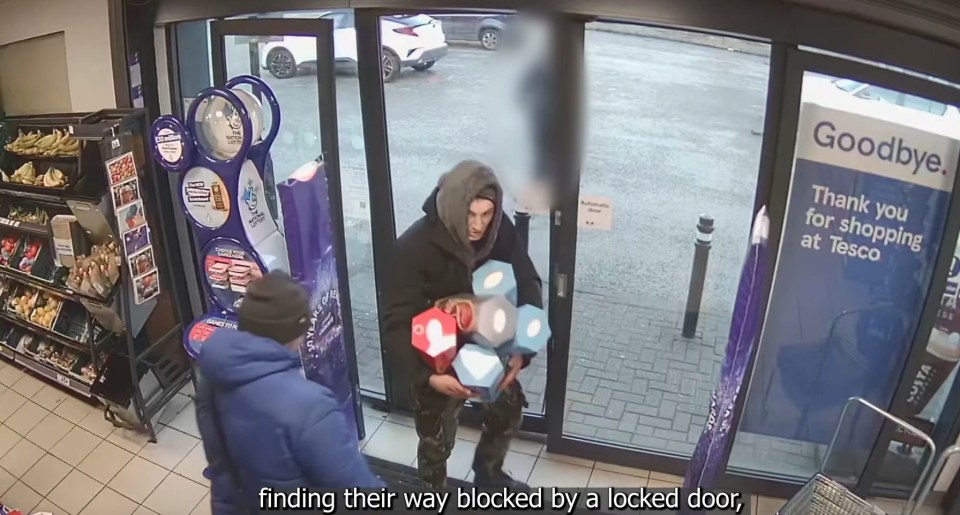 Security camera footage of a shoplifter carrying stolen Easter eggs, blocked by a locked door.