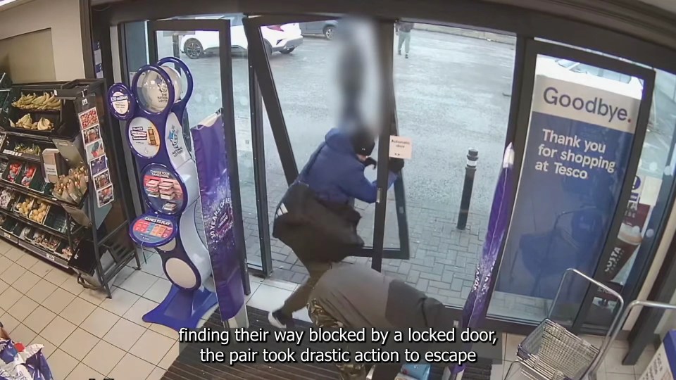 Security footage of a shoplifter breaking a Tesco door to escape.