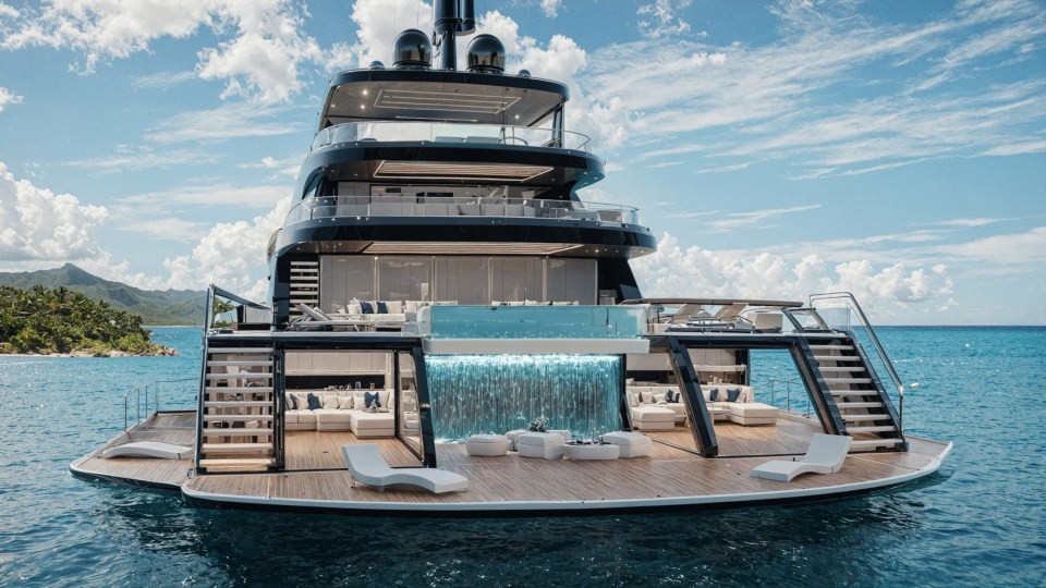 Axiom 40 catamaran beach club with waterfall and infinity pools.