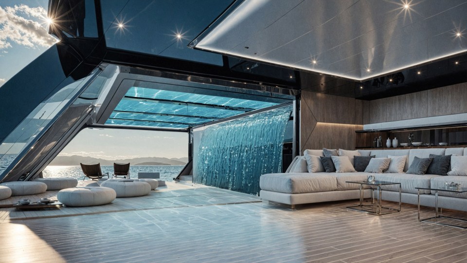 Interior view of a catamaran's beach club, featuring a waterfall and infinity pool.