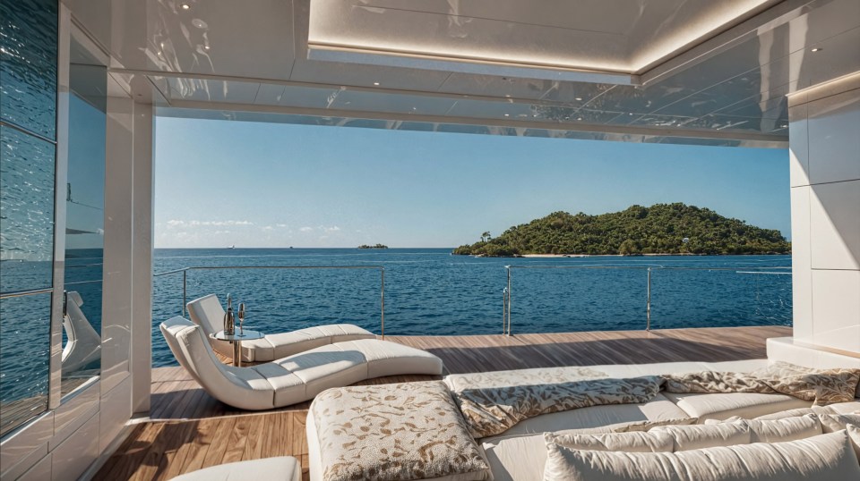 Illustration of a large catamaran with three infinity pools and a waterfall.