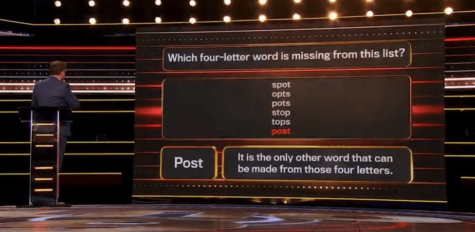 Game show screen showing a word puzzle:  Find the missing four-letter word.  The answer is "post".