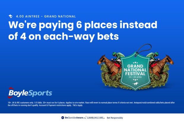 BoyleSports Grand National Festival ad: 6 places paid instead of 4 on each-way bets.  Terms and conditions apply.