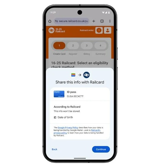 Smartphone screen showing Railcard eligibility check and data sharing prompt.