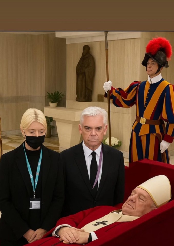 Photo of Pope Benedict XVI lying in state, surrounded by mourners and Swiss Guards.