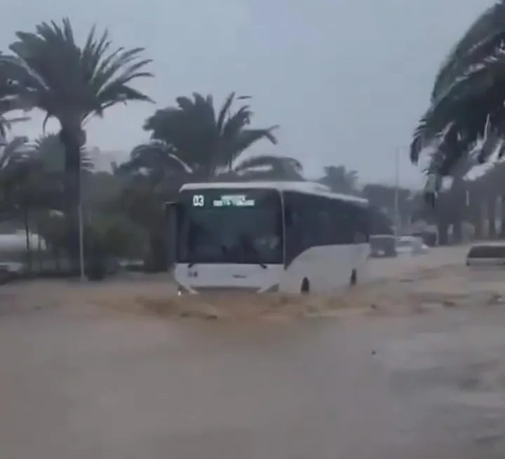 Bus in floodwaters in Lanzarote.
