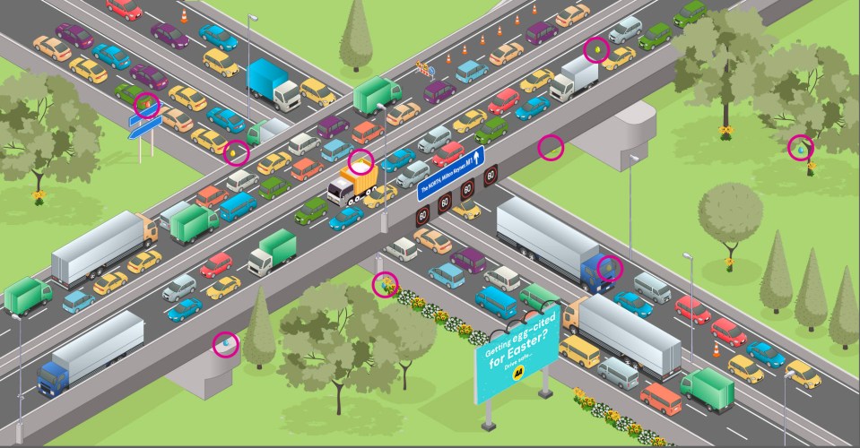 Illustration of a busy motorway with hidden Easter eggs.