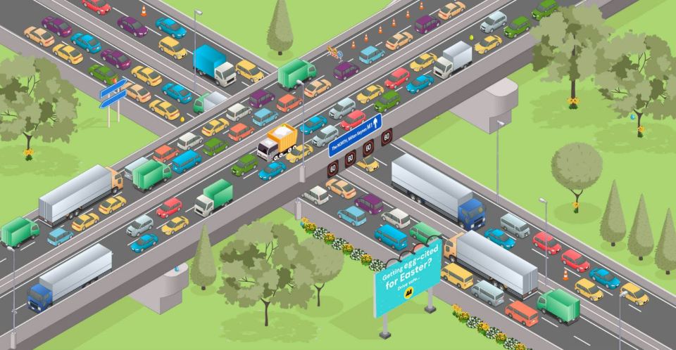 Illustration of a busy motorway with hidden Easter eggs.