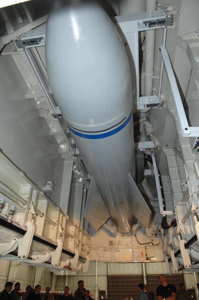 Massive Ordnance Penetrator (MOP) bomb in a B-2 weapons load trainer.
