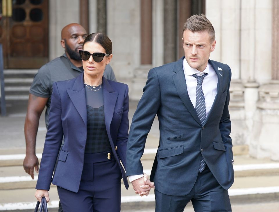 Rebekah and Jamie Vardy leaving the Royal Courts of Justice.