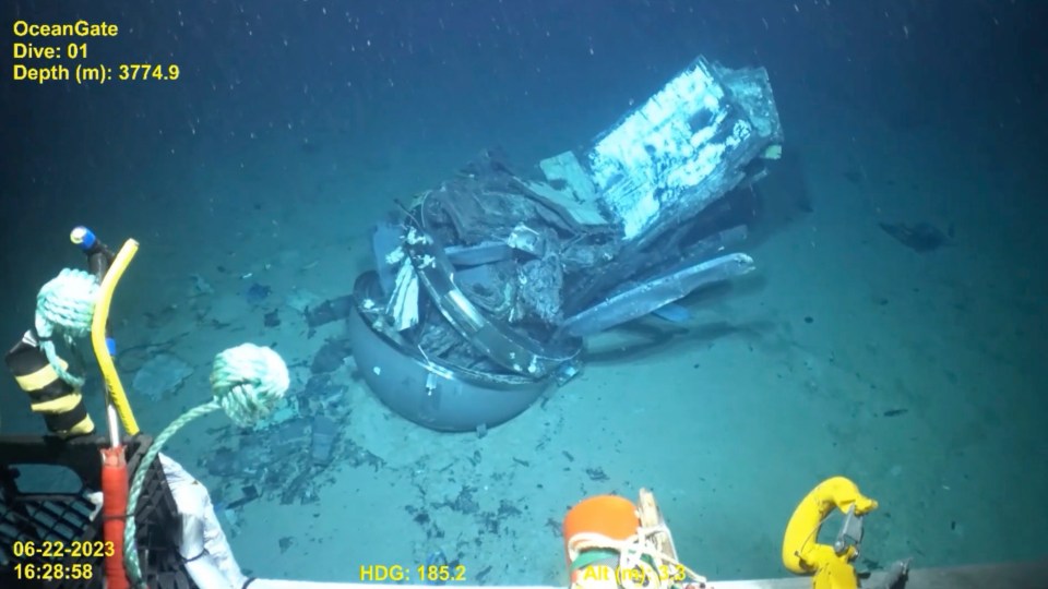 Remains of the Titan submersible on the Atlantic Ocean floor.