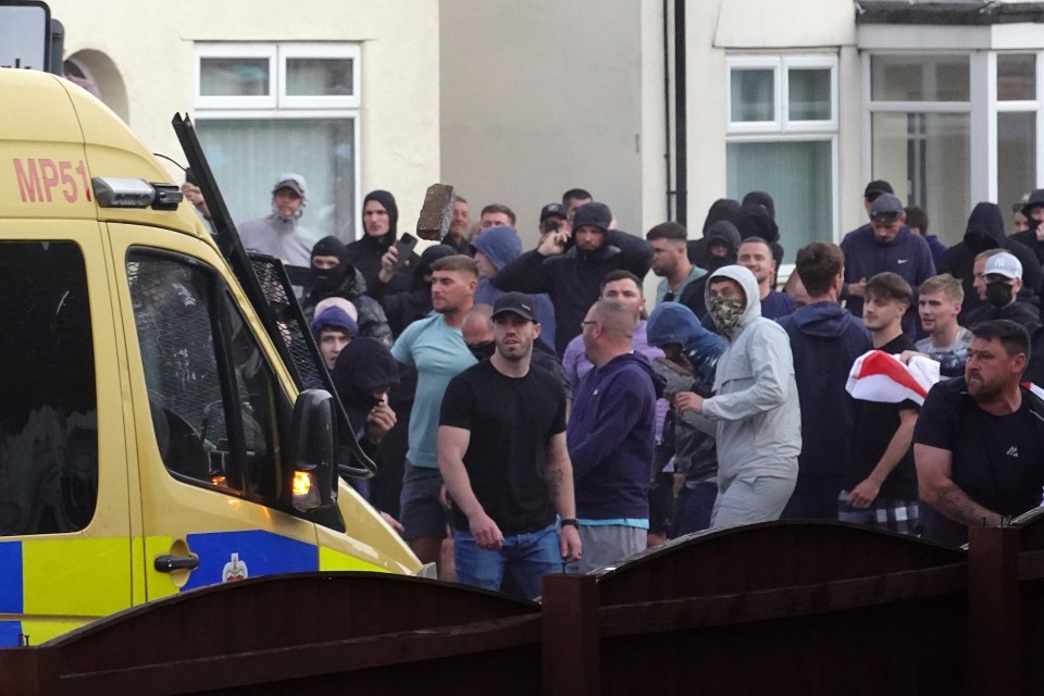 Riot police confronting protesters throwing a brick.