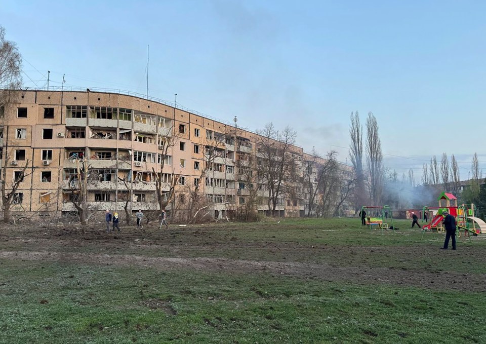 Damaged apartment building in Kryvyi Rih, Ukraine, after a rocket strike.