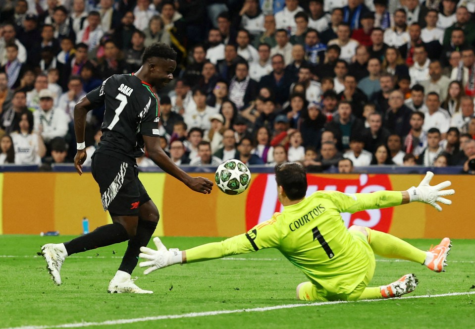 Bukayo Saka scoring a goal in a soccer match.