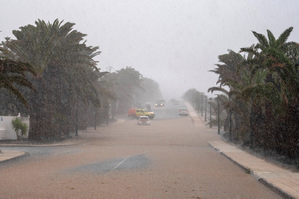 Flooded street in Teguise, Lanzarote during a heavy rainstorm.