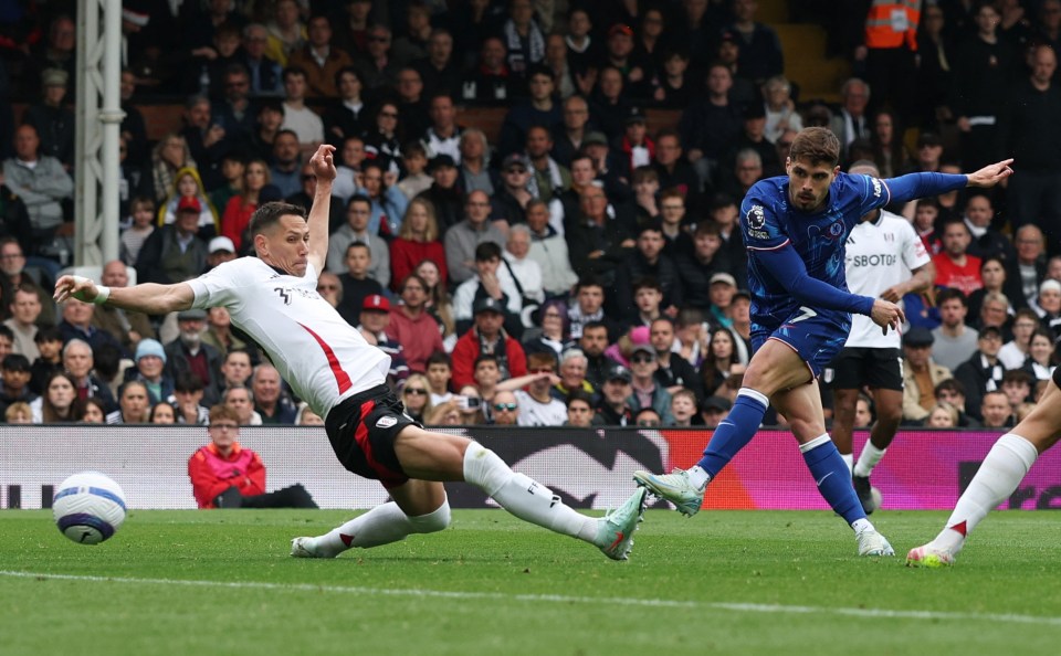 Chelsea's Pedro Neto shoots at goal during a soccer match.