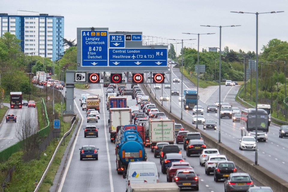 Traffic jam on the M4 motorway in Langley, UK, following heavy rain.