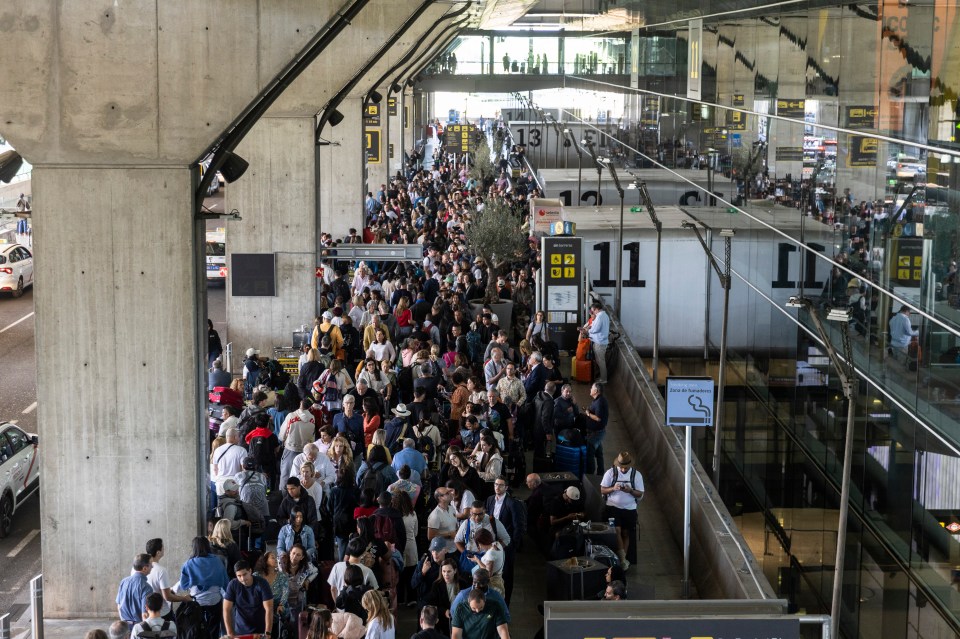 Large crowd of people waiting for taxis at an airport during a widespread power outage.